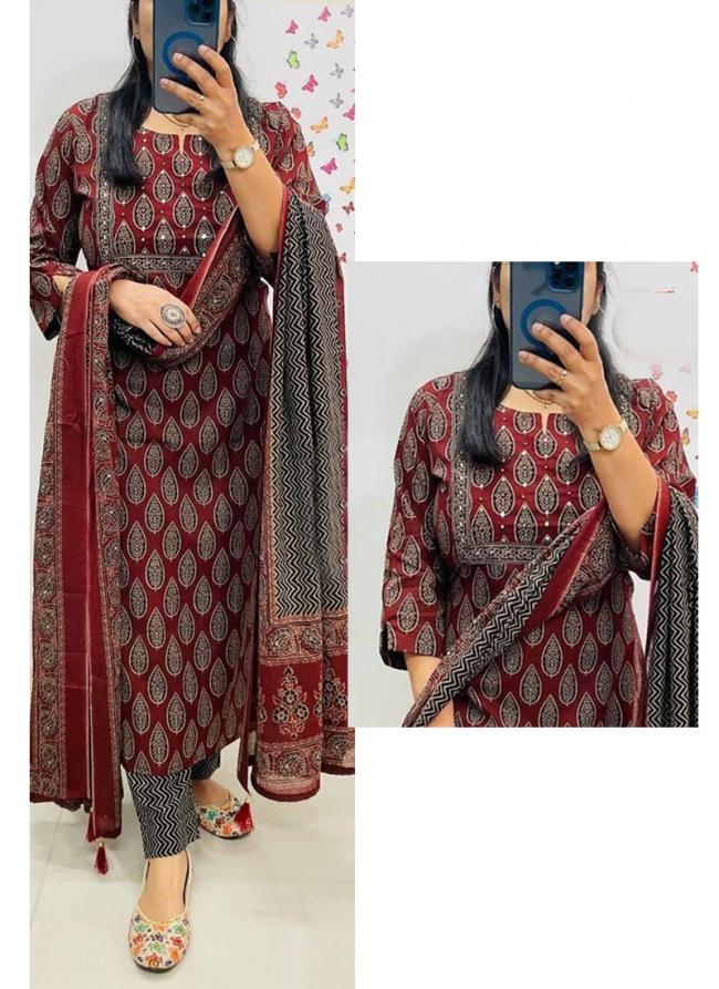 Cotton Red Daily Wear Printed Readymade Suit